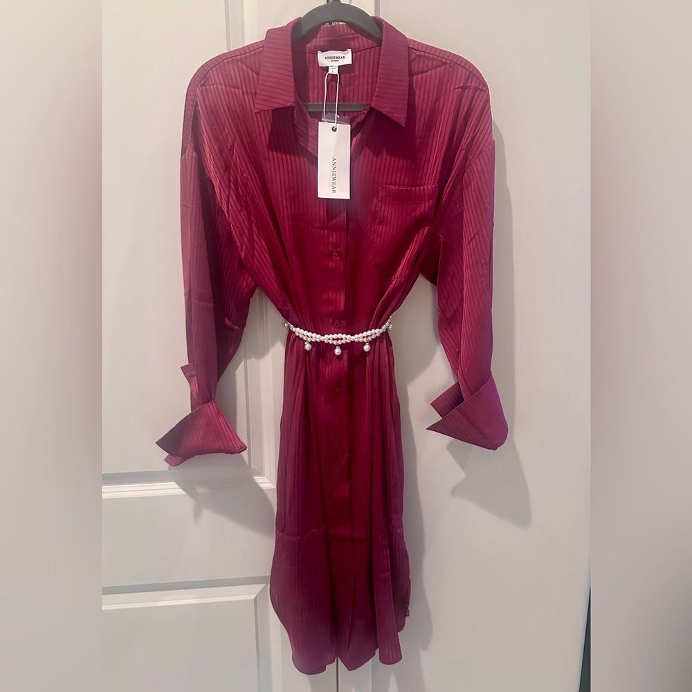 NWT AnnieWear Deep Red Pinstripe Blouse Dress SIZE L